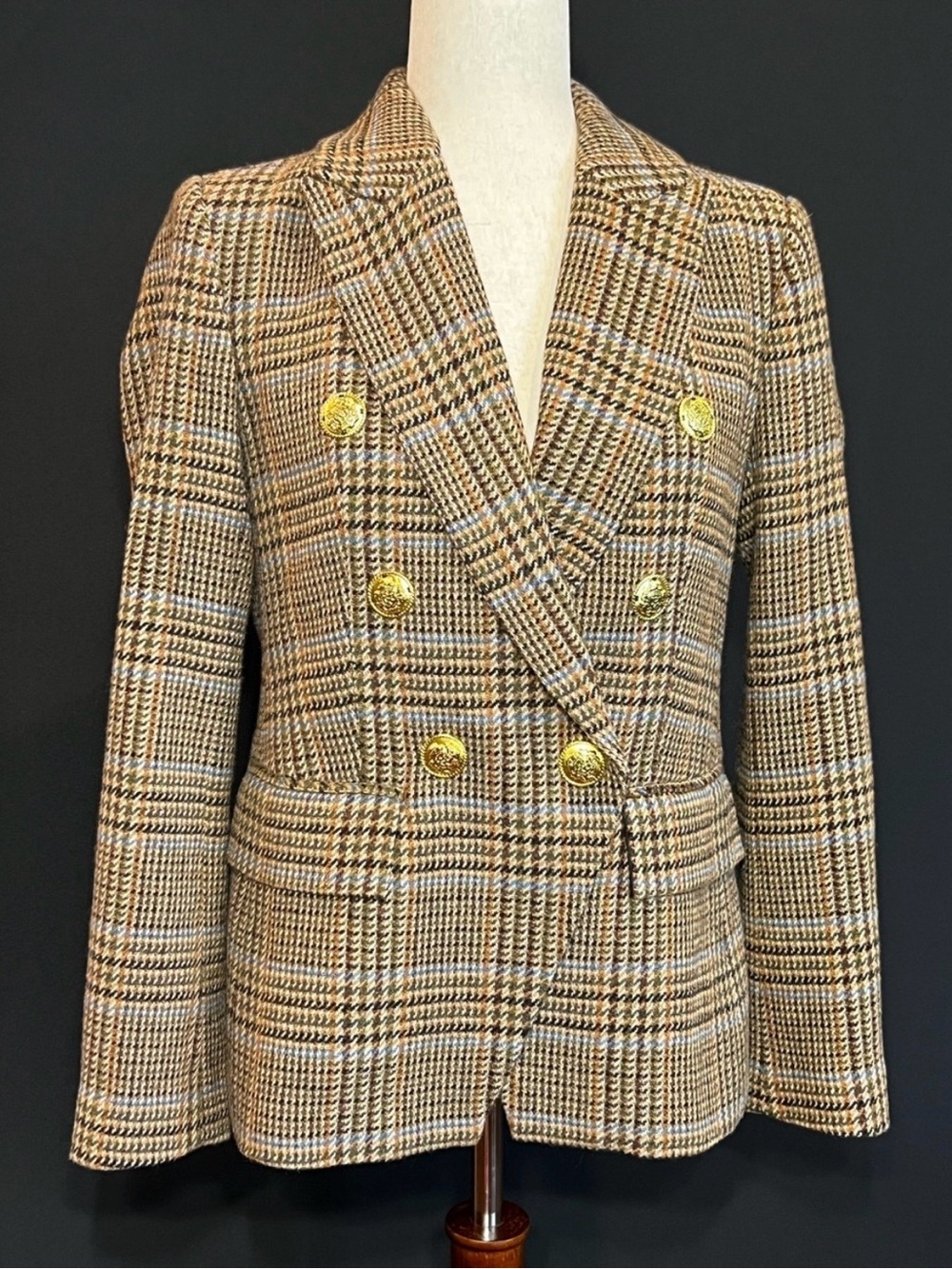 Boston Proper Brown & Blue Plaid Double-Breasted Blazer with Gold Buttons